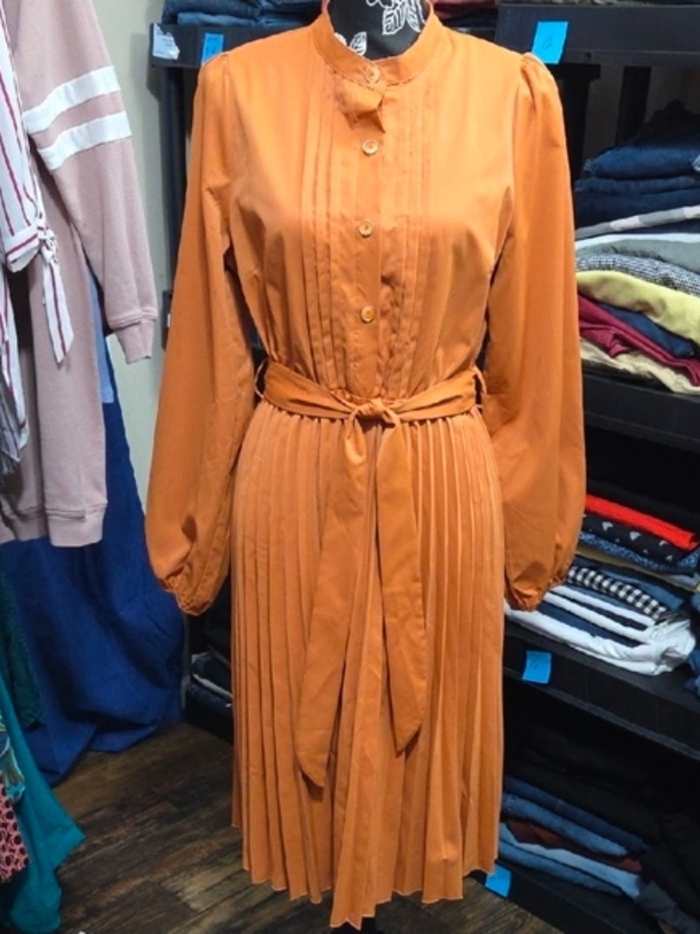 SHEIN Burnt Orange Long Sleeve Pleated Midi Dress